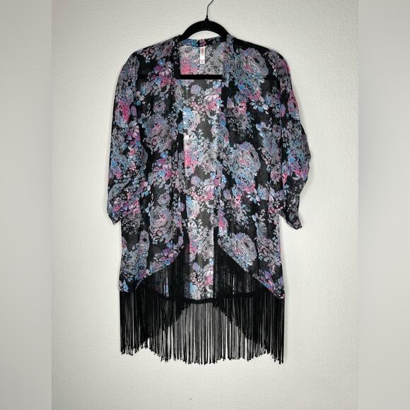 XHILARATION Womens Floral Printed Fringe Sheer Swim Cover up Size XS - Picture 1 of 5
